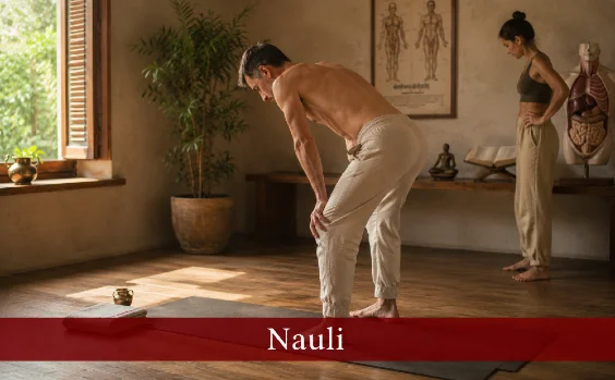Mann beim Üben von Nauli, Frau im Hintergrund